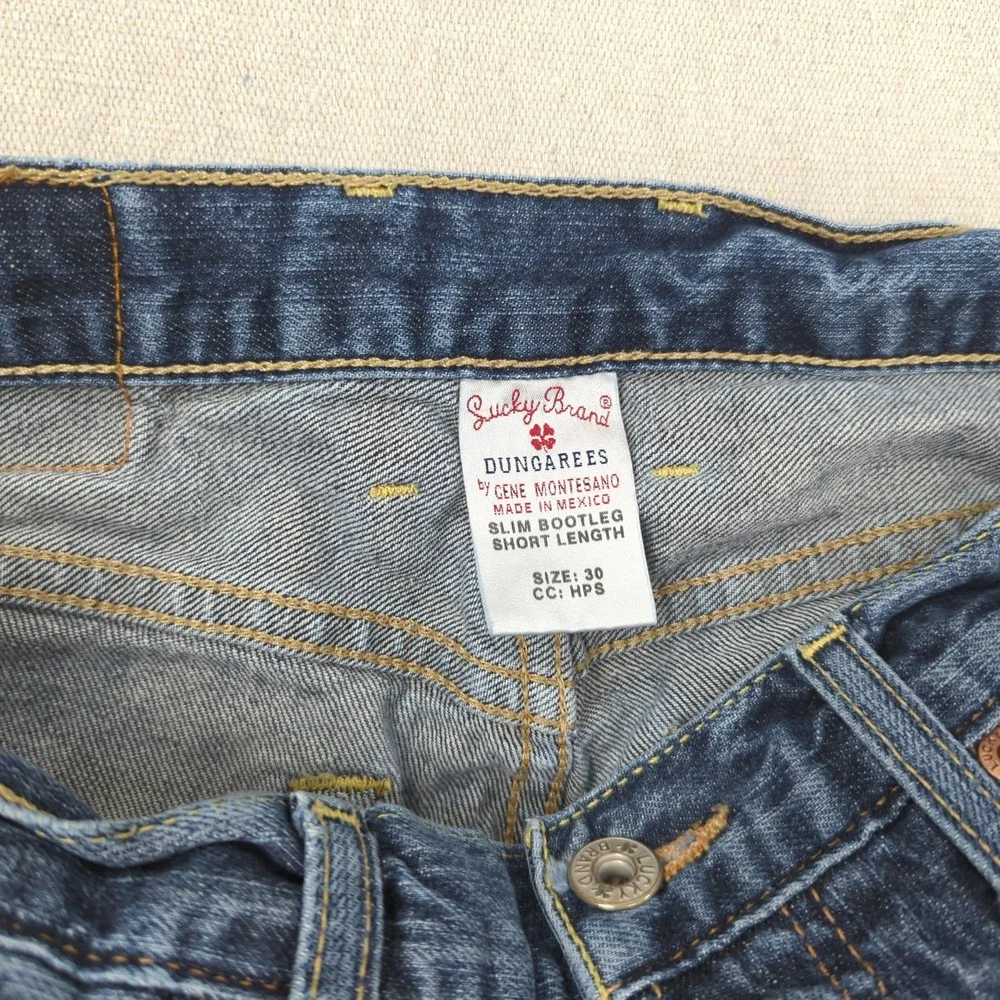 Lucky Brand Jeans Mens 30x31 Blue Slim Boot Cut Buton Fly Western Distressed